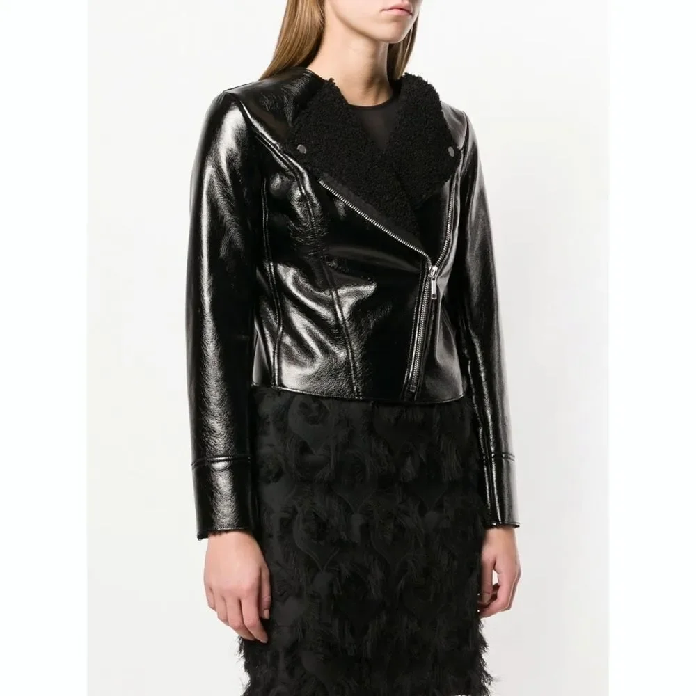 New! MICHAEL KORS Faux Leather Black Biker Jacket Size XS Faux Shearling Collar